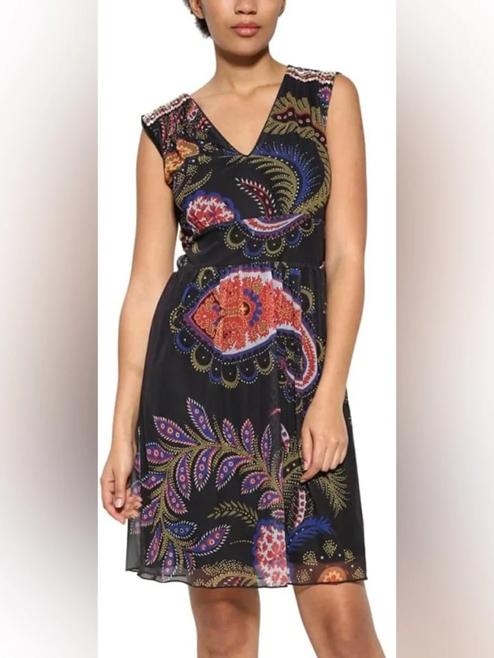 Desigual Black Multicolor Paisley V-Neck Mini Dress - Picture 1 of 8